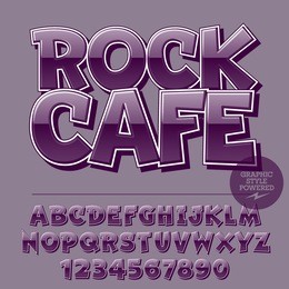 glossy set of alphabet letters, numbers and punctuation symbols. reflective purple emblem with text rock cafe