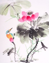 kingfisher and lotus flower watercolor painting