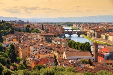 beautiful cityscape skyline of firenze (florence), italy, with the bridges over the river arno