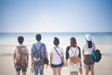 a group of five young teenager friends travel to the beach looking at the sea