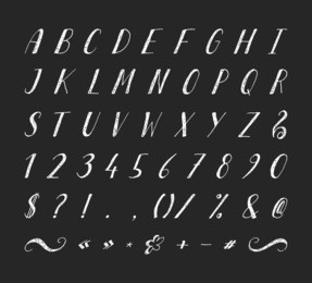 handwritten italic grunge font with punctuation marks on black background. uppercase font contains question mark, exclamation point, period, comma, dash, hyphen, bracket etc. vector illustration.