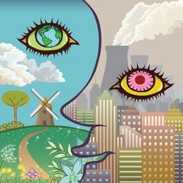 environmental pollution by nuclear power plant and environment protection. difference between nature 2-side. abstract human face. ecology design concept with air, soil and radioactive pollution.