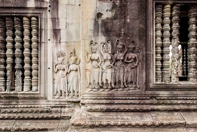 the hidden wall, terrace of the leper king, carvings of nagas and deities of the underworld, angkor wat, siem reap. cambodia