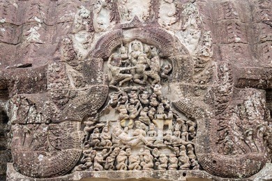 the hidden wall, terrace of the leper king, carvings of nagas and deities of the underworld, angkor wat, siem reap. cambodia