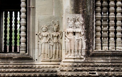 the hidden wall, terrace of the leper king, carvings of nagas and deities of the underworld, angkor wat, siem reap. cambodia