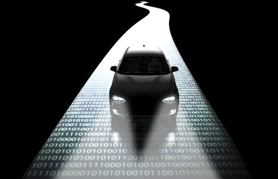 self driving electronic computer car on road, 3d illustration