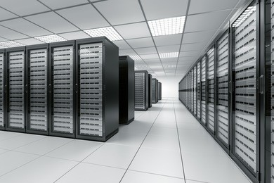 3d rendering of a server room with black servers