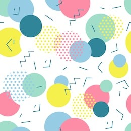 seamless geometric pattern in retro 80s style. circle, zigzag, dotted, lines memphis, pop art background. summer blue, yellow, green, pink color.