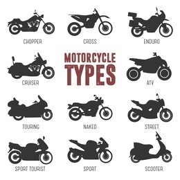 motorcycle model and type. objects icons moto set. black vector illustration isolated on white background. variants of motorcycle body, bike silhouette for web, template.
