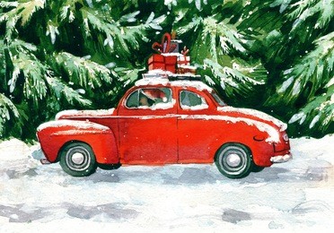 red car with christmas gifts on the roof in green forest. hand drawn greening card.
