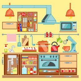 kitchen interior. kitchen with furniture. kitchenware. flat style vector illustration.