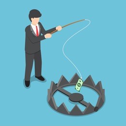 isometric businessman stole money from bear trap by fishing rod, investment risk, business challenge concept