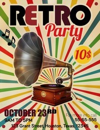 vector retro party poster with vintage gramophone illustration