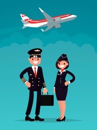 pilot and a flight attendant on a background of an airplane taking off. vector illustration of a flat design