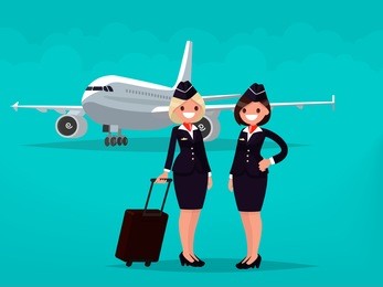two flight attendants against the backdrop of civil aircraft. vector illustration of a flat design