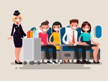 flight attendant serving drinks to passengers on board of the aircraft. vector illustration of a flat design