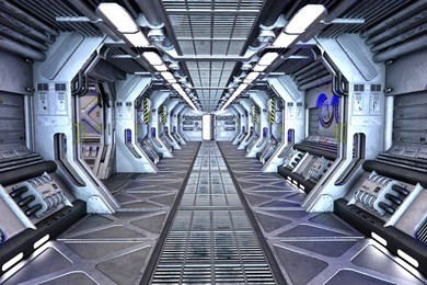 sci-fi space station corridor interior 3d illustration