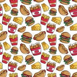 seamless pattern of junk food with hot dog, burger, drumstick, cheese and french fries