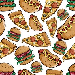 cute pizza slice, burger and hot dog seamless pattern