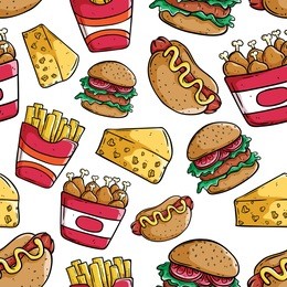 junk food seamless pattern with burger, hot dog, cheese, french fries and drumstick