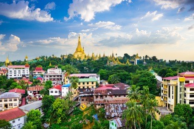 yangon, myanmar city skyline with shwedagon pagoda.