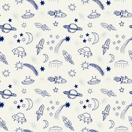 hand drawn doodle spaceships and stars seamless pattern.