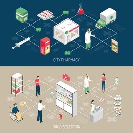 pharmacy 2 horizontal isometric banners with druggist attending handicapped customer with infographic flowchart elements isolated vector illustration 