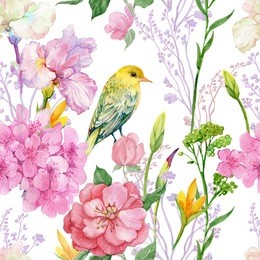 seamless pattern illustration in watercolor. branches,flowers,iris ,cherry and bird oriole