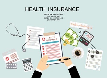 man at the table fills in the form of health insurance. healthcare concept. vector illustration flat design style. 