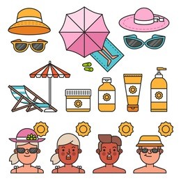 summer time concept. illustrations for infographic. care cream skin protection and beauty skin protection lotion. skin cancer prevention. vector icons isolated on white background