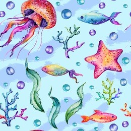 marine pattern with illustrations of jellyfish, water plants, starfish, bubbles. bright and colorful background. sea mood