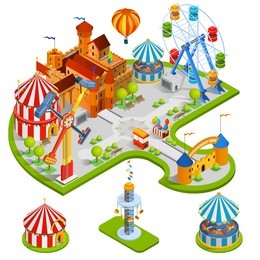 amusement kids park isometric composition with medieval castle ferris wheel carousel circus tent in cartoon style vector illustration