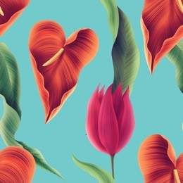 seamless tropical flower, plant and leaf pattern background, retro botanical style. stylish flowers print