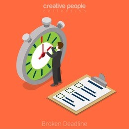 flat isometric businessman move clock hands, project clipboard checklist vector illustration. broken deadline business 3d isometry concept.