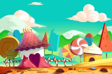 beautiful candy and cookie land with icecream mountain and house. video game's digital cg artwork, concept illustration, realistic cartoon style background