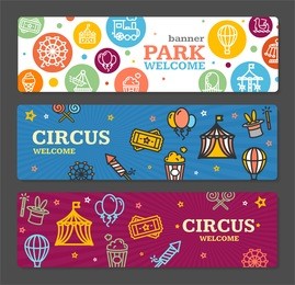circus amusement park banner card tickets horizontal set on grey background. vector illustration