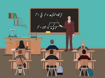 school lesson. little kids pupil students and teacher. classroom with blackboard. pupils tables and chairs
