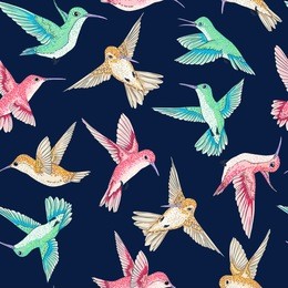 vector seamless flying little birds of paradise conversational pattern multi color, spring summer time, gentle romantic humming-bird, colibri background allover print design