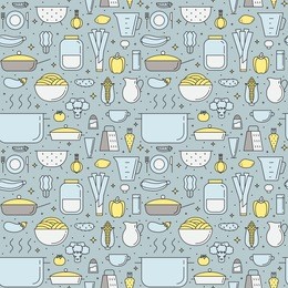 crockery and cooking (tea and coffee) multicolored seamless vector pattern (yellow). clean and simple outline design.