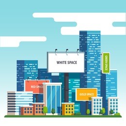 large blank urban billboards with copy space text standing high over large city street skyscrapers buildings. flat style vector illustration template.