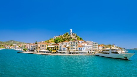 panoramic view on greek island poros at sunny summer day