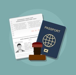 passport with biometric data. identification document and stamp flat vector illustration