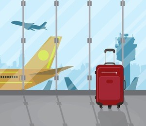 travel suitcases inside of airport with a plane, control tower, cityscape in background. travel, vacation, business trip concept. vector illustration in flat design.