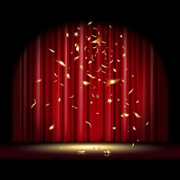 theatrical scene with red curtain and falling gold confetti