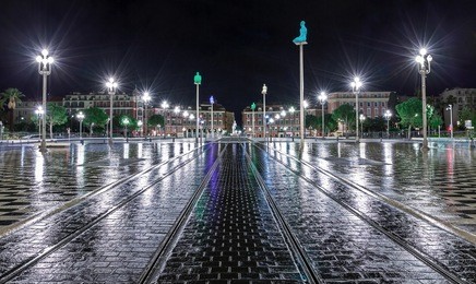 the fontaine du soleil on place massena in the nights, nice, french riviera, france