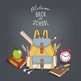 card "back to school". backpack, pen, pencil, ruler, brush, marker, alarm clock, notebook, book, apple. vector illustration.