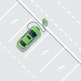 flat vector illustration of green electric car charging at the charger station in cartoon style. electromobility eco e-motion concept. top view of car on parking lot and charging the batteries.