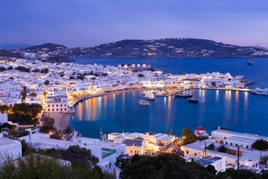 mykonos port with boats at evening, cyclades islands, greeces