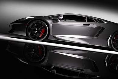 grey fast sports car in spotlight, black background. shiny, new, luxurious. 3d rendering