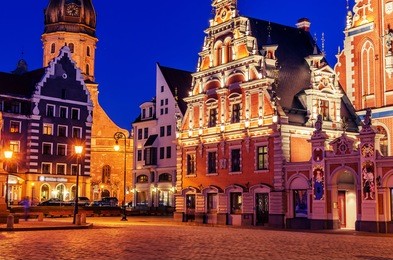 riga, latvia: representative picture of old town at night